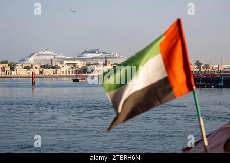 Looking across the creek from Bur Dubai towards Al Shindagha and Cruise Terminal in Dubai, UAE. Stock Photo