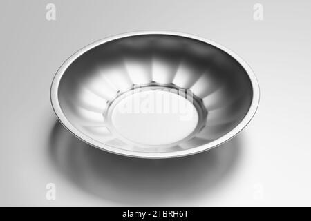 close-up of empty silver tableware, round shape metal stainless plate or bowl, 3D rendered illustration isolated on light gray background Stock Photo