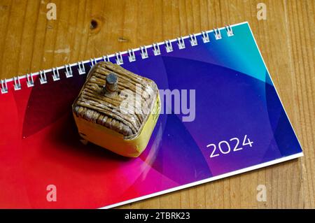 Symbolic image: New Year, calendar for 2024 with fireworks Stock Photo