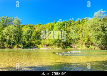 Germany, Bavaria, district of Munich, Baierbrunn, Isar valley, near Baierbrunn power station, view from the banks of the Isar river Stock Photo