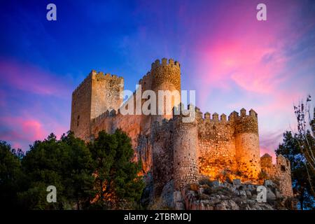 Spectacular view of the medieval castle of Almansa, Albacete, Spain, on a cliff at dawn Stock Photo