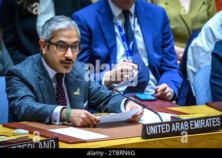 New York, USA, 8th Dec. 2023. Mohamed Abushahab Ambassador and Deputy Permanent Representative of the United Arab Emirates addresses a meeting of the UN Security Council on the situation in the Middle East, including the Palestinian question. Credit: Enrique Shore/Alamy Live News Stock Photo