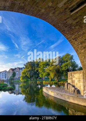 Under the Stone Bridge in Regensburg, River Danube, Upper Palatinate, Bavaria, Germany, Europe Stock Photo