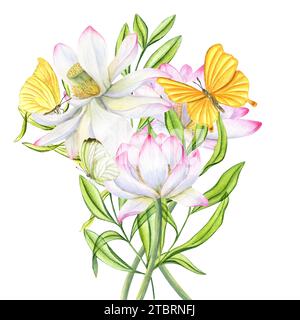 Bouquet of pink lotus flowers, green leaves. Yellow butterflies fluttering around blooming waterlilies. Watercolor illustration isolated on white. Stock Photo