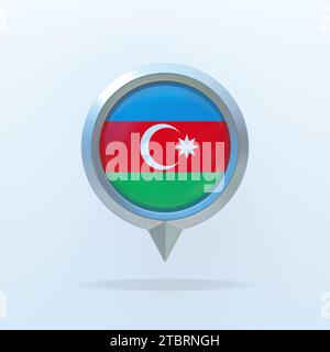 Metallic icon of the state flag of Azerbaijan with a location indicator. On a white background with a shadow. 3d render. Stock Photo