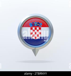 Metal icon of the national flag of Croatia with a location indicator. On a white background with a shadow. 3D rendering. Stock Photo
