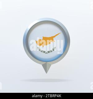 Metal icon of the national flag of Cyprus with a location indicator. On a white background with a shadow. 3D rendering. Stock Photo