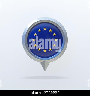 Metal icon of the national flag of European Union with a location indicator. On a white background with a shadow. 3D render. Stock Photo