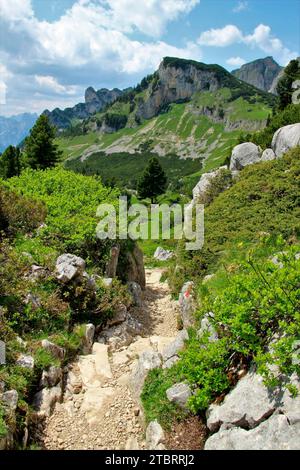 summer hike on the dream path to the Rofanspitze, on the left in the picture the Rotspitze in the foreground in the middle the Gschöllkopf 2039m, on t Stock Photo