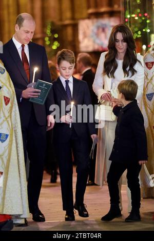 The Prince of Wales, Prince George, the Princess of Wales and Prince Louis leaving after the Royal Carols - Together At Christmas service at Westminster Abbey in London. Picture date: Friday December 8, 2023. Stock Photo
