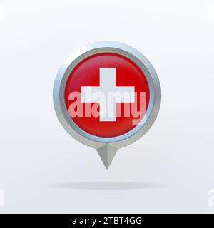 Metal icon of the national flag of Switzerland with a location indicator. On a white background with a shadow. 3D rendering. Stock Photo