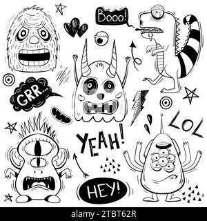 set of cute funny scary doodle monsters Stock Vector