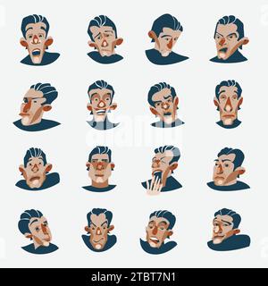 Hand drawn faces with various emotions vector set. Flat editable colorfull illustration. Stock Vector