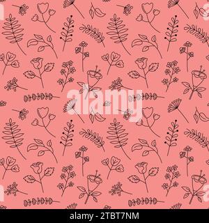Cute floral pattern. Flowers vector seamless black and pink background. hand drawn botanical elements. Decorative plants repeat illustration Stock Vector