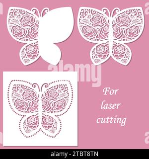 Butterfly with floral pattern. Template for laser cutting from paper, cardboard, wood, metal. For the design of wedding cards, invitations, interior d Stock Vector