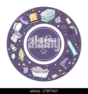 Hand drawn color Bathroom icons set. Vector illustration home bath symbols collection. Doodle sketch toilet, shower, bathtub, lavatory, towel, robe Stock Vector