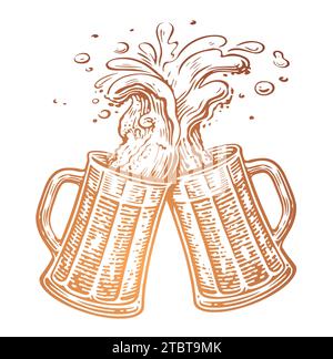 Hand drawn two toasting beer mugs, Cheers. Clinking glass mugs. Oktoberfest, vector illustration Stock Vector