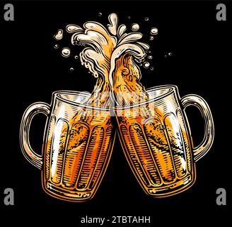 Two toasting beer mugs. Cheers, clinking glass tankards full of beer and splashed foam Stock Vector