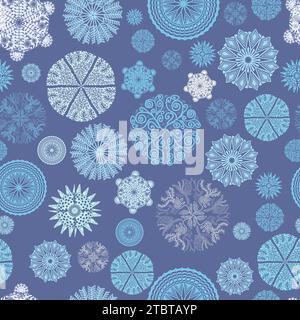 Seamless pattern with different snowflakes on a blue background Stock Vector