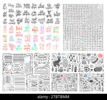 Sketch drawing cozy hygge scandinavian set and hand lettering inscription big collection, doodle vector Stock Vector