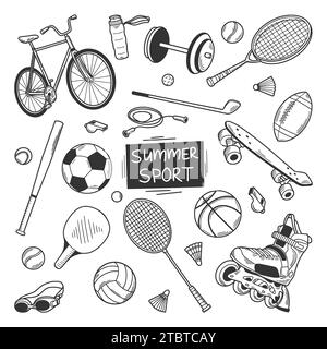 Hand drawn sport equipment icon set in doodle style. Vector illustration isolated on white background. Stock Vector