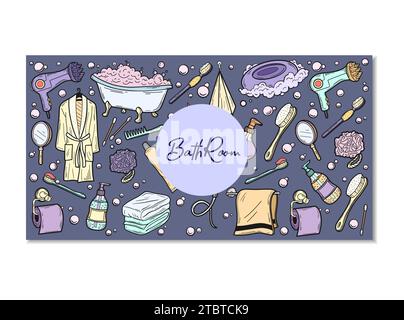 Hand drawn color Bathroom icons set. Vector illustration home bath symbols collection. Doodle sketch toilet, shower, bathtub, lavatory, towel, robe Stock Vector