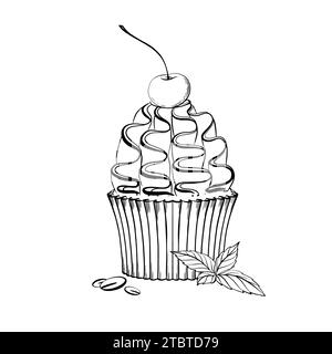 Cupcake with cherry cream mint leaves and almond flakes. Vector illustration. Grapgic style. hand drawn in a simple minimalist style. Can be used for Stock Vector