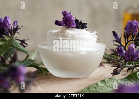 A jar comfrey root ointment with blooming knitbone plant Stock Photo