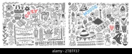 Sketch drawing cozy hygge scandinavian set, doodle vector collection Stock Vector