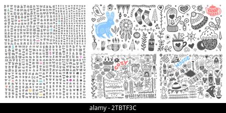 Sketch drawing cozy hygge scandinavian set and hand lettering inscription big collection Stock Vector