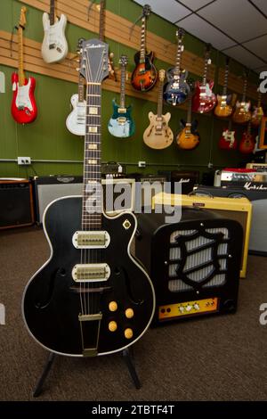 Black and white electric guitar on white background Stock Photo - Alamy
