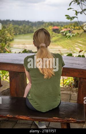 Rice terraces in the evening light, beautiful green rice terraces with a view of the landscape, a great historical building in Bali Stock Photo