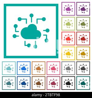 Cloud technology solid flat color icons with quadrant frames on white background Stock Vector