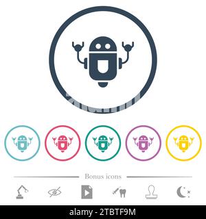 Rolling robot flat color icons in round outlines. 6 bonus icons included. Stock Vector