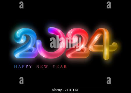 Happy new year 2024 banner colored glow neon tube. Happy Holiday Glowing Festive Luminous numbers in multicolored Design, vector illustration isolated Stock Vector