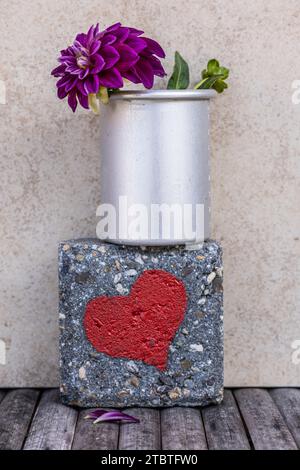 Stone with red heart, symbolic image, decoration, still life, dahlia Stock Photo