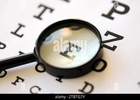 Magnifier glass focuses eye chart letters clearly and lies on eye test chart paper close up Stock Photo