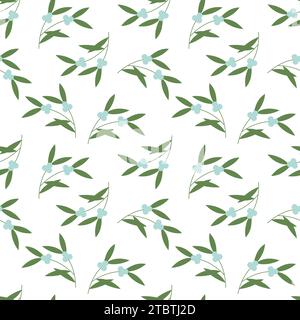 Mistletoe pattern with branches and leaves. Vector flat seamless print for design Stock Vector