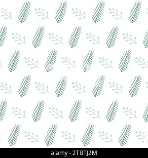 Winter seamless pattern with spruce branch and mistletoe berries. Vector flat print for design Stock Vector