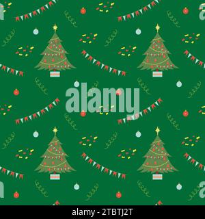 Christmas seamless colorful pattern with cute tree and decorations, with changeable background color. Vector flat illustration Stock Vector