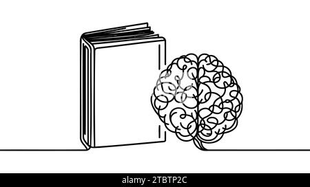 Gain knowledge from books - continuous line drawing of Open book lying down with big human brain flying above. Reading, intelligence and wisdom concep Stock Vector