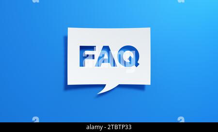 FAQ Speech Bubble. Minimalist abstract design with white cut out paper on blue background. 3D Render. Stock Photo