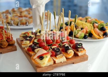 Delicious appetizers at served table in restaurant. Stock Photo