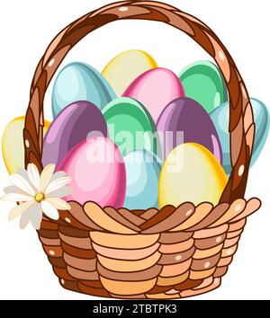 Wicker basket with Easter eggs and daisy flower. Vector illustration Stock Vector