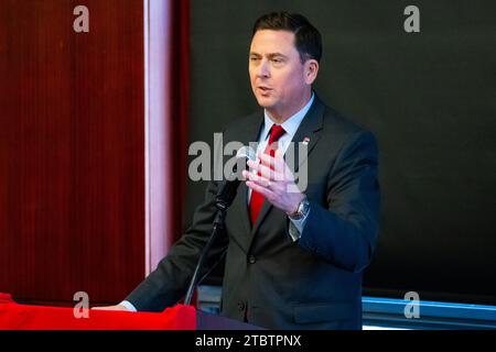 December 08, 2023: Cornell University Vice President for Student and Campus Life Dr. Ryan Lombardi speaks at a press conference on Friday December 8, 2023 in the Hall of Fame Room on the campus of Cornell University in Ithaca, NY. Rich Barnes/CSM Credit: Cal Sport Media/Alamy Live News Stock Photo