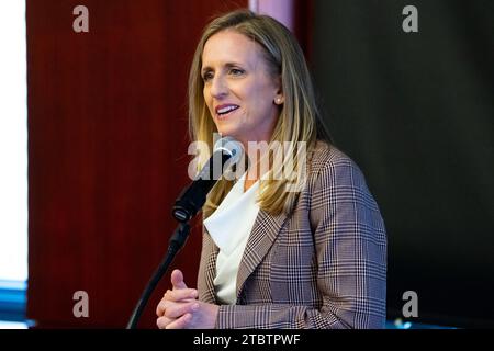 December 08, 2023: Cornell Big Red director of athletics and physical education Dr. Nicki Moore speaks at a press conference on Friday December 8, 2023 in the Hall of Fame Room on the campus of Cornell University in Ithaca, NY. Rich Barnes/CSM Credit: Cal Sport Media/Alamy Live News Stock Photo