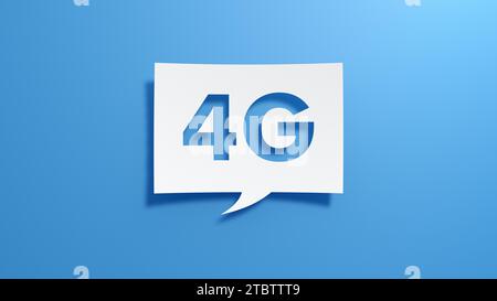 4G Mobile Internet Network Speech Bubble. Minimalist abstract design with white cut out paper on blue background. 3D Render. Stock Photo