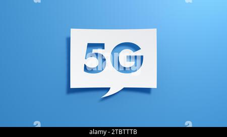 5G Mobile Internet Network Speech Bubble. Minimalist abstract design with white cut out paper on blue background. 3D Render. Stock Photo