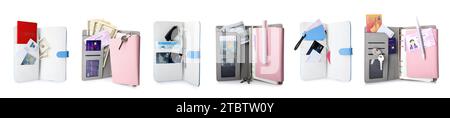 Set of travel organizers with different things on white background Stock Photo