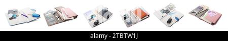 Set of travel organizers with different things on white background Stock Photo